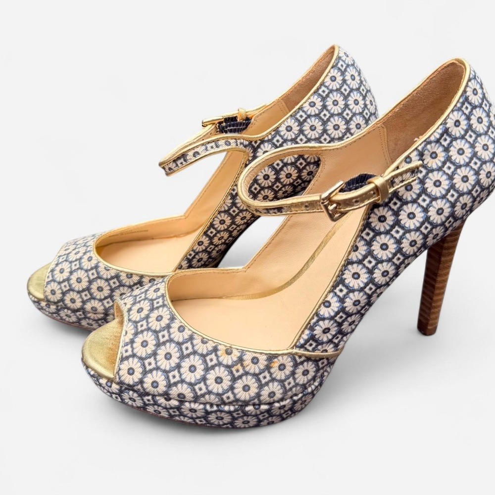 Coach Blue Floral Geometric Mary Jane Platform Heels Gold Trim Peep Toe 36.5